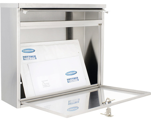 Geöffneter Briefkasten aus Edelstahl mit Post