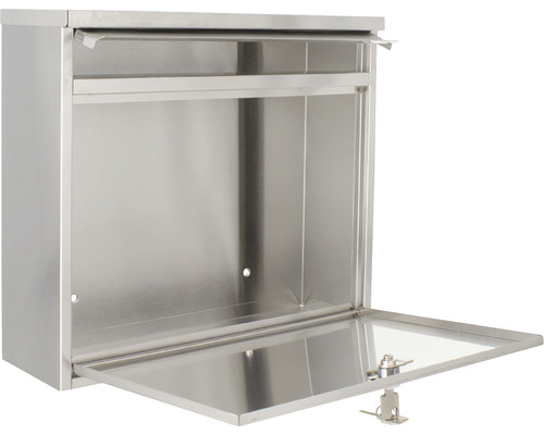 Geöffneter Edelstahlbriefkasten zur Wandmontage