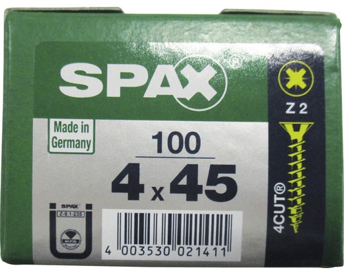 Spax Universalschraube Kreuzschlitz PZ 2, Senkkopf, Holz-Vollgewinde, 4x45 mm, 100 Stück Spax Universalschraube Kreuzschlitz PZ 2, Senkkopf, Holz-Vollgewinde, 4x45 mm, 100 Stück