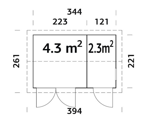 Grundrisszeichnung mit Abmessungen eines Gartenhauses