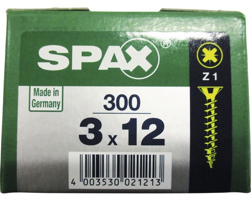 Spax Universalschraube Kreuzschlitz PZ 1, Senkkopf, Holz-Vollgewinde, 3x12 mm, 300 Stück Spax Universalschraube Kreuzschlitz PZ 1, Senkkopf, Holz-Vollgewinde, 3x12 mm, 300 Stück