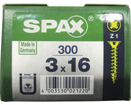 Spax Universalschraube Kreuzschlitz PZ 1, Senkkopf, Holz-Vollgewinde, 3x16 mm, 300 Stück Spax Universalschraube Kreuzschlitz PZ 1, Senkkopf, Holz-Vollgewinde, 3x16 mm, 300 Stück