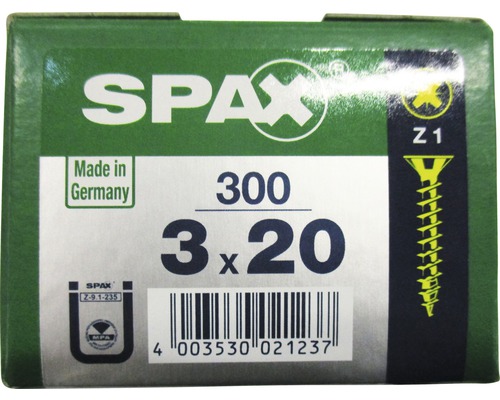 Spax Universalschraube Kreuzschlitz PZ 1, Senkkopf, Holz-Vollgewinde, 3x20 mm, 300 Stück Spax Universalschraube Kreuzschlitz PZ 1, Senkkopf, Holz-Vollgewinde, 3x20 mm, 300 Stück