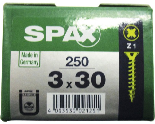 Spax Universalschraube Kreuzschlitz PZ 1, Senkkopf, Holz-Vollgewinde, 3x30 mm, 250 Stück Spax Universalschraube Kreuzschlitz PZ 1, Senkkopf, Holz-Vollgewinde, 3x30 mm, 250 Stück