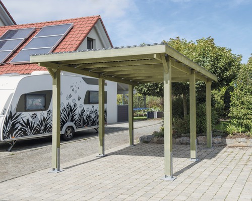 Einzelcarport Konsta Vertika mit Aluminium-Dach 301x504 cm kesseldruckimprägniert Holzcarport mit Wohnwagen auf Auffahrt