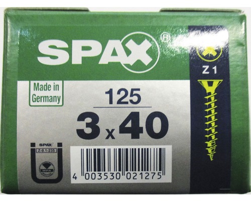 Spax Universalschraube Kreuzschlitz PZ 1, Senkkopf, Holz-Vollgewinde, 3x40 mm, 125 Stück Spax Universalschraube Kreuzschlitz PZ 1, Senkkopf, Holz-Vollgewinde, 3x40 mm, 125 Stück