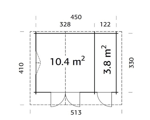 Grundrisszeichnung eines Gartenhauses mit den Maßen 450 mal 330 Zentimeter.