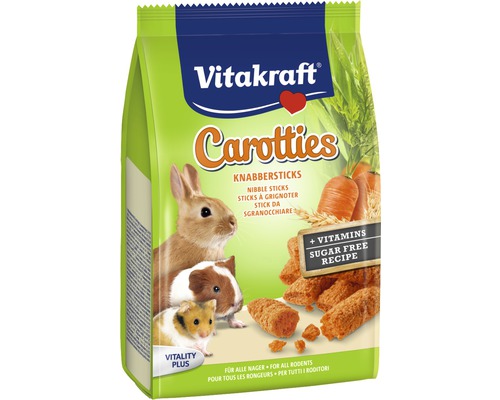 Nagersnack, Vitakraft Carotties Zwergkaninchen 50 g Vitakraft Carotties Knabbersticks für Nagetiere in einer Verpackung.