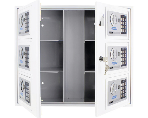 Offener Wertschrank mit mehreren Fächern und elektronischem Schloss