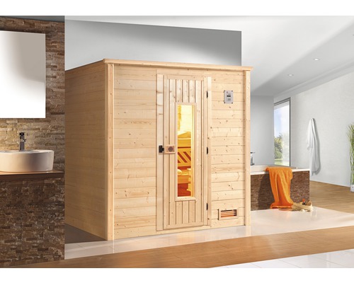 Massivholzsauna Weka Bergen Gr.1 inkl. 7,5 kW Bio Ofen u.digitaler Steuerung mit Holztüre und Isolierglas wärmegedämmt