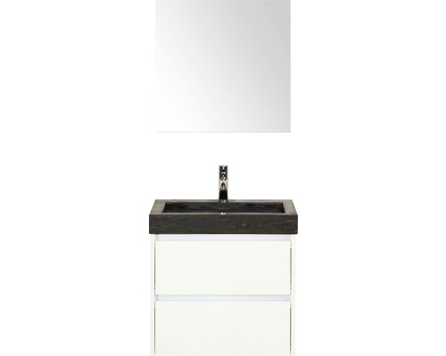 Badmöbel-Set Sanox Dante Naturstein 170x61x45,5 cm Natursteinwaschbecken weiß hochglanz mit Spiegel