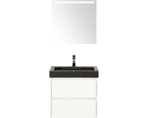 Badmöbel-Set Sanox Dante Naturstein 170x61x45,5 cm Natursteinwaschbecken weiß hochglanz mit LED-Beleuchtung
