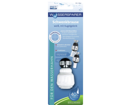 Wassersparer Schwenkbrause in Weiss mit Kugelgelenk Verpackung