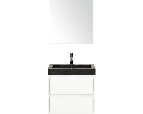 Badmöbel-Set Sanox Dante Naturstein 170x61x45,5 cm Natursteinwaschbecken weiß hochglanz mit Spiegelschrank