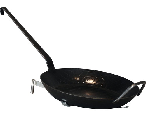 Schwenkpfanne aus Stahl mit Griff und Halterung für den Aussenbereich