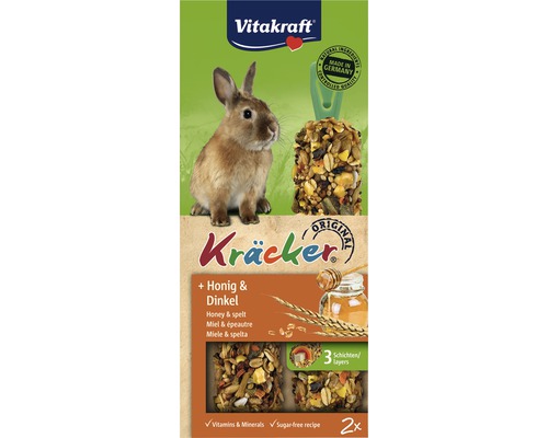 Nagersnack, Vitakraft Honig-Kräcker® für alle Nager Vitakraft Kräcker Honig und Dinkel für Kleintiere, Verpackung mit Abbildung eines Kaninchens und eines Kräcker Snacks