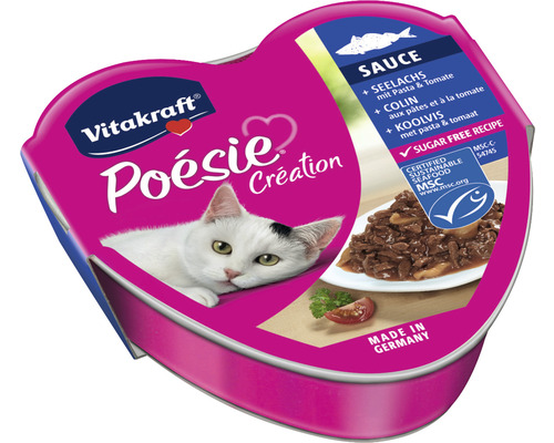Katzenfutter nass VITAKRAFT Poésie Seelachs und Tomate 85 g Vitakraft Poesie Creation Katzennahrung mit Seelachs, Pasta und Tomate in herzförmiger Verpackung
