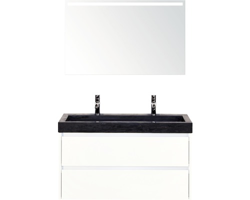 Badmöbel-Set Sanox Dante Naturstein 170x101x45,5 cm Doppel-Natursteinwaschbecken weiß hochglanz mit LED-Beleuchtung