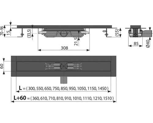 Technische Zeichnung eines Duschablauf-Systems mit Maßangaben