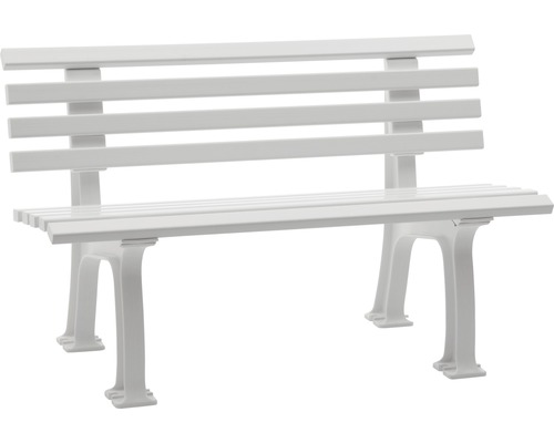 Weiße Gartenbank aus Kunststoff mit Lattenmuster