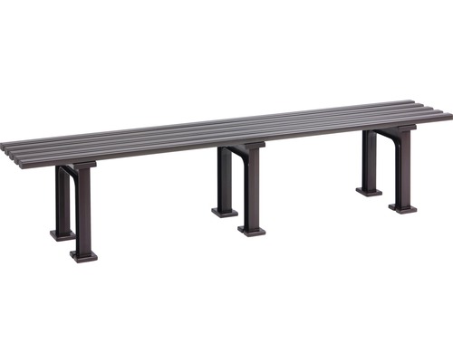 Lange braune Sitzbank mit Lamellenstruktur