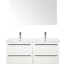 Badmöbel-Set Sanox Seville Keramik 160x35x35 cm Doppel-Keramikwaschbecken 4 Schubladen weiß hochglanz mit Spiegel