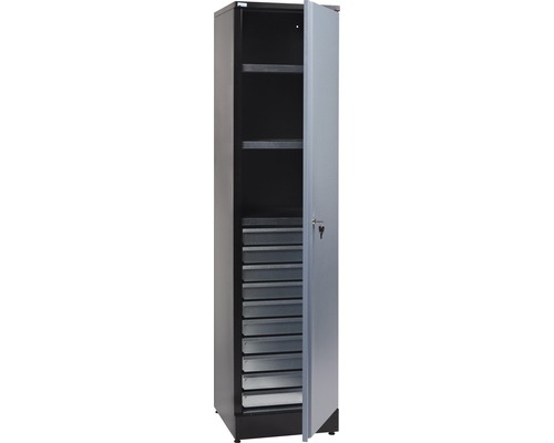 Materialschrank Küpper Hammerschlag-Silber 455 mm x 1.800 mm 10 Schubladen, 1 Tür, 3 Einlegeböden Metallschrank mit Fachböden und Schubladen, Tür geöffnet