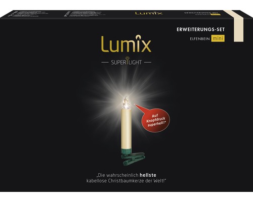 Lumix Superlight kabellose Christbaumkerze Erweiterungsset Elfenbein Mini auf schwarzem Hintergrund