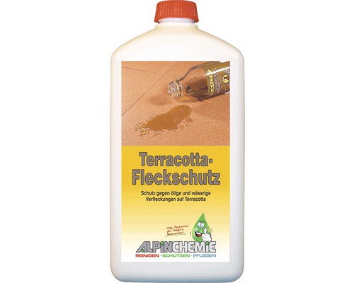 Terracotta Fleckschutz Alpin Chemie 1 Liter Terracotta Fleckschutz in einer weißen Kunststoffflasche mit rotem Verschluss