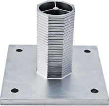 Pfostenanker aus Metall mit quadratischer Grundplatte und sechseckigem Schaft