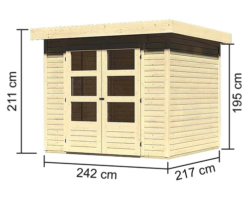 Holzgartenhaus mit den Maßen 242 mal 217 mal 211 Zentimeter