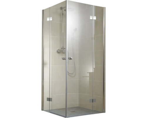 Eckdusche mit Glaswänden und Armaturen