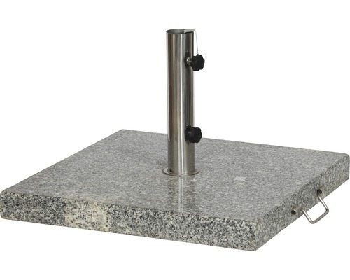 Quadratischer Sonnenschirmständer aus Granit mit Stahlrohrhalterung