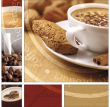 Collage mit Kaffeemotiven, darunter Tasse Kaffee, Kaffeebohnen und Gebäck