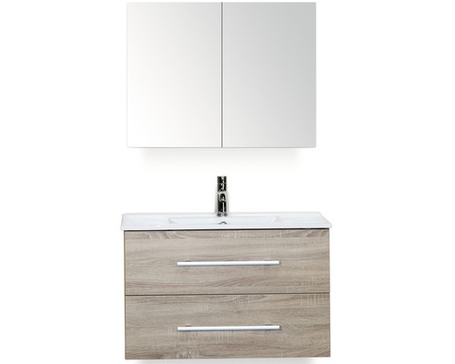 Badmöbel-Set Sanox Stretto Keramik 170x81x39 cm Keramikwaschbecken Eiche grau mit Spiegelschrank Badmöbel-Set Sanox Stretto Keramik 170x81x39 cm Keramikwaschbecken Eiche grau mit Spiegelschrank