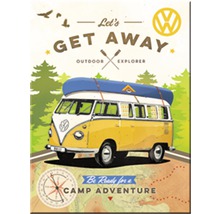 Dekoratives Schild mit einem Volkswagen Bus und dem Text Lasst uns entfliehen.