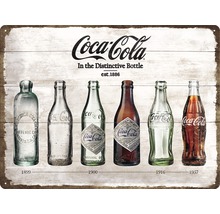 Coca-Cola Metallschild mit Darstellung historischer Flaschen