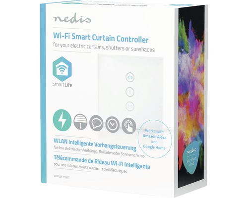 Nedis Logo. Verpackung für WLAN Vorhangsteuerung für elektrische Vorhänge, Rollläden oder Sonnenschutz