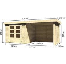 Gartenhaus Karibu Kodiak 3,5 mit Schleppdach 2,75 m, Rück-und Seitenwand 528,5 x 262 cm natur