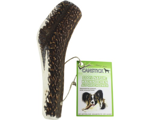 Hundesnack Canstick Kauknochen aus Hirschgeweih 200 g Canstick Hirschgeweih-Kauknochen für Hunde mit Anhänger