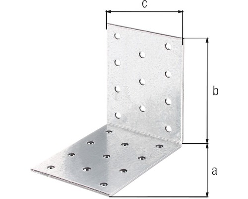Winkelverbinder mit Löchern und Maßangaben a, b und c