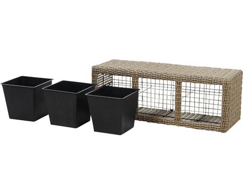 Drei Pflanzeinsätze und eine Pflanzkastenverkleidung aus Rattan