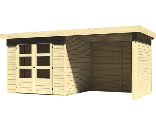 Holzgartenhaus mit Doppeltür und Anbau