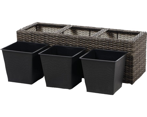 Blumenkasten aus Polyrattan mit drei Pflanzeinsätzen