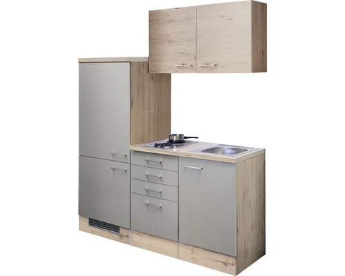 Küchenzeile mit Spüle, Kochfeld, Schubladen und Hängeschrank