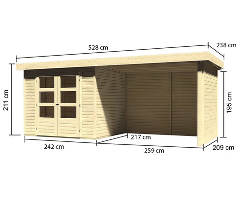 Illustration eines Gartenhauses aus Holz mit Maßangaben.