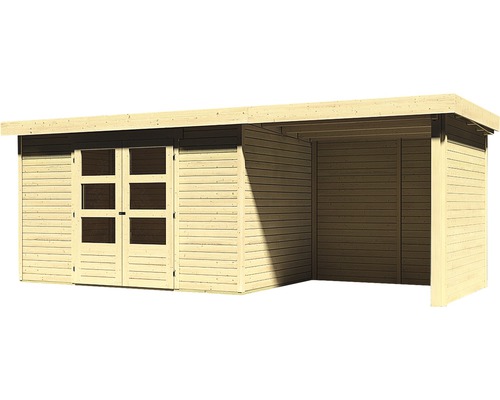 Holzgartenhaus mit Doppeltür und seitlichem Unterstand