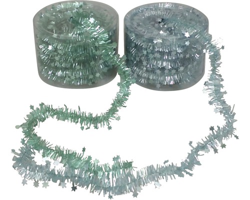 Zwei Rollen Lametta mit Sternen in durchsichtigen Behältern