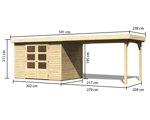 Abmessungen Gartenhaus mit Carport aus Holz
