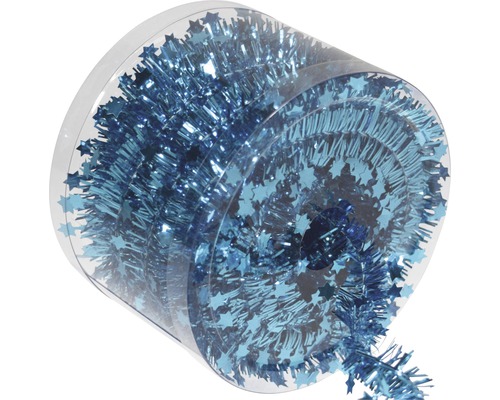 Blaue Lametta Girlande mit Sternen in einer transparenten Verpackung